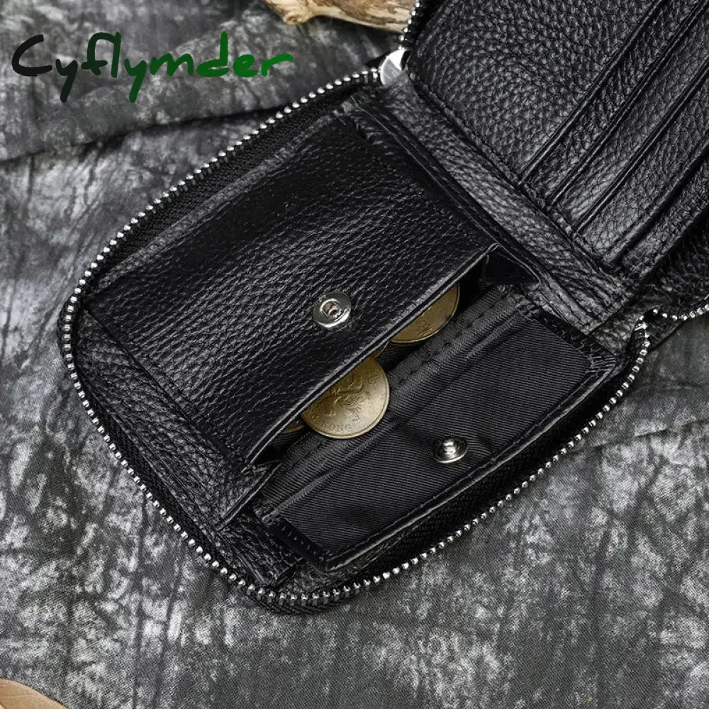 Cyflymder 100% Genuine Leather Men Wallet Zip Around Card Holder Snap Short Purse Coin Pocket Black