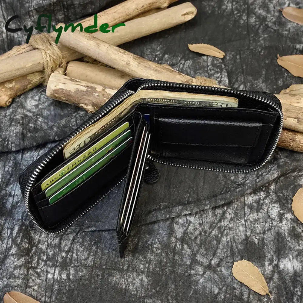 Cyflymder 100% Genuine Leather Men Wallet Zip Around Card Holder Snap Short Purse Coin Pocket Black