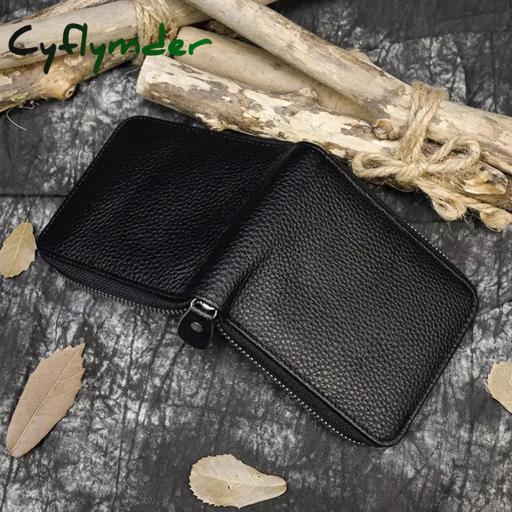 Cyflymder 100% Genuine Leather Men Wallet Zip Around Card Holder Snap Short Purse Coin Pocket Black