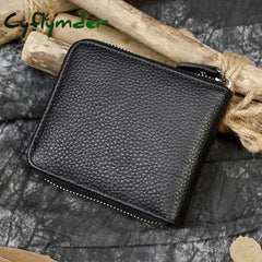 Cyflymder 100% Genuine Leather Men Wallet Zip Around Card Holder Snap Short Purse Coin Pocket Black