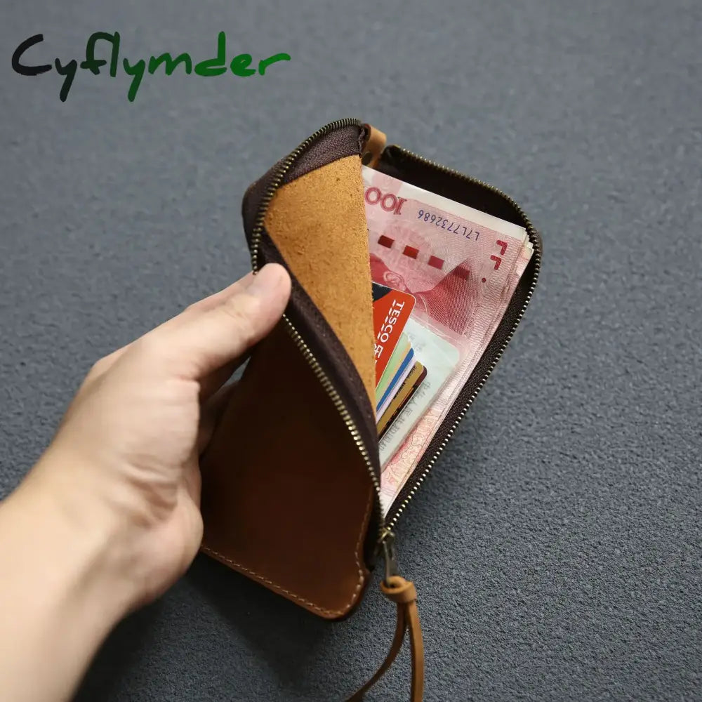 Cyflymder 100% Genuine Leather Wallet For Men Male Real Cowhide Vintage Handmade Long Slim Zipper