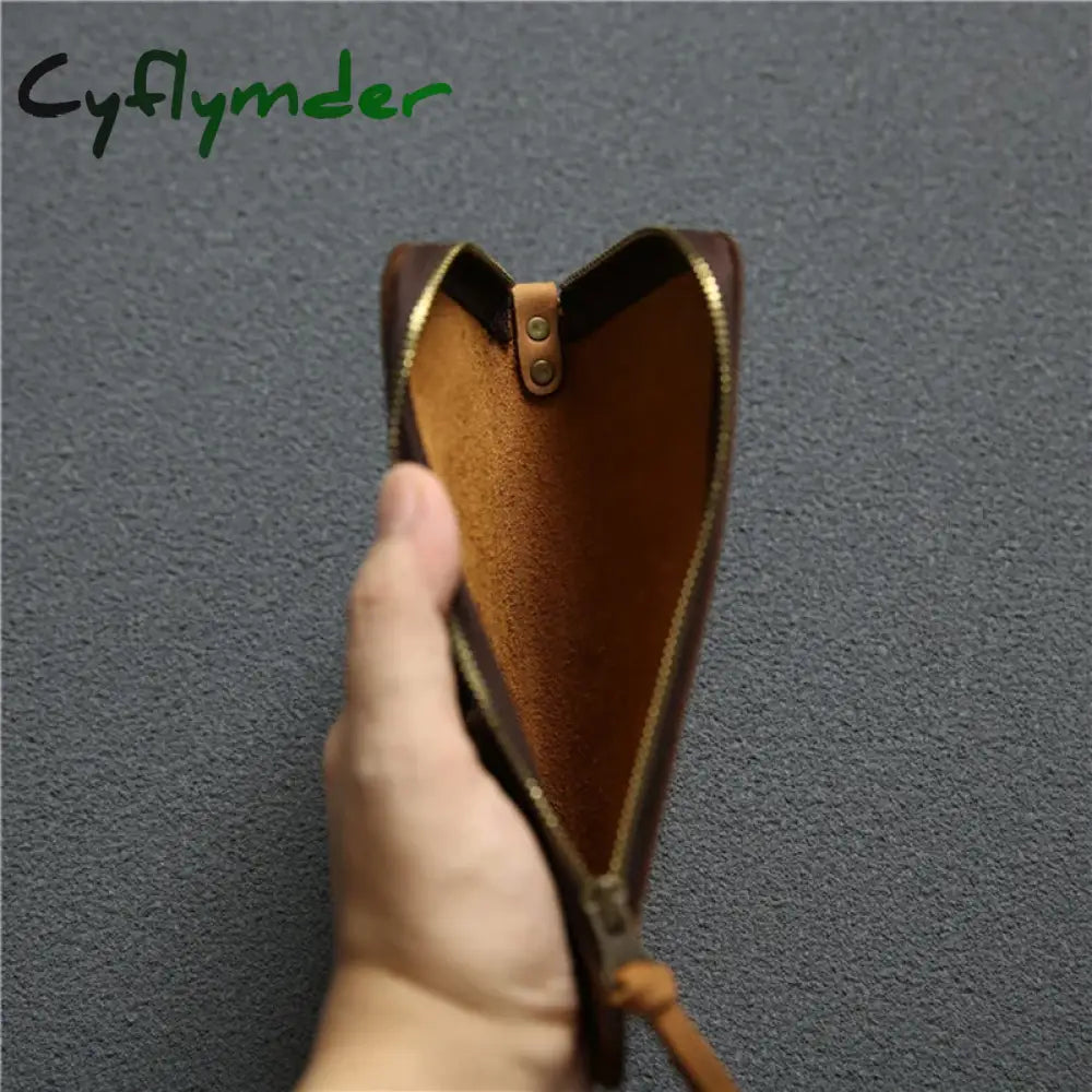 Cyflymder 100% Genuine Leather Wallet For Men Male Real Cowhide Vintage Handmade Long Slim Zipper