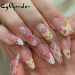 10Pcs Almond Press on Nails with Pink Strawberry Bear Design Acrylic False Nails Cute French Full Cover Nail Tips Summer Girl