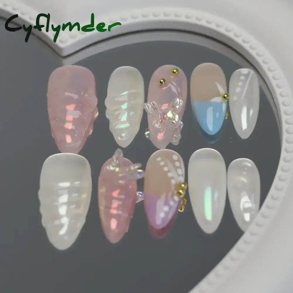 Cyflymder 10pcs Aurora Almond Press On Nails Short French Fake Nails Butterfly 3D Design False Nail Full Cover Wearable