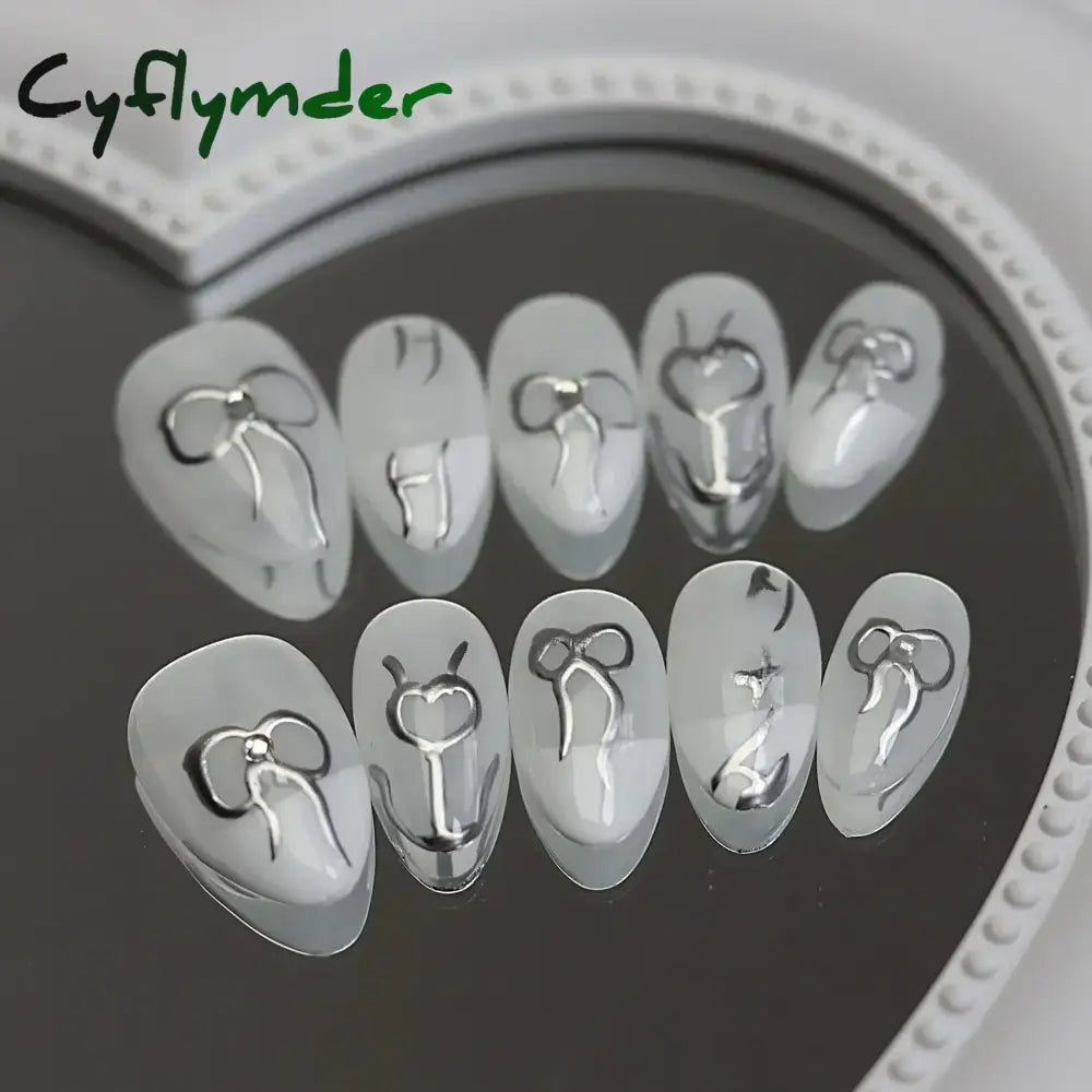 Cyflymder 10pcs Aurora Almond Press On Nails Short French Fake Nails Butterfly 3D Design False Nail Full Cover Wearable