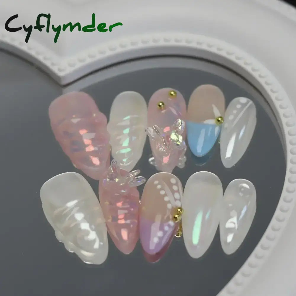 Cyflymder 10pcs Aurora Almond Press On Nails Short French Fake Nails Butterfly 3D Design False Nail Full Cover Wearable