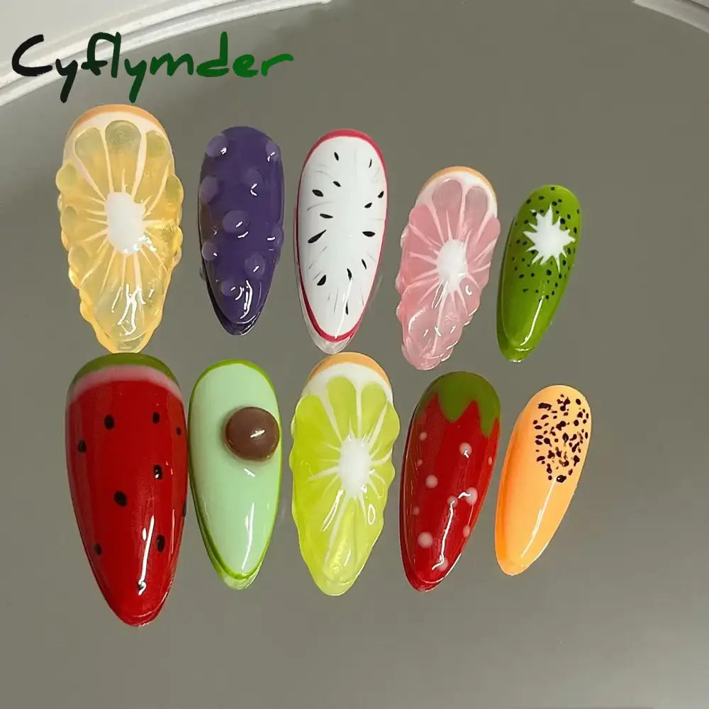 Cyflymder 10pcs Aurora Almond Press On Nails Short French Fake Nails Butterfly 3D Design False Nail Full Cover Wearable