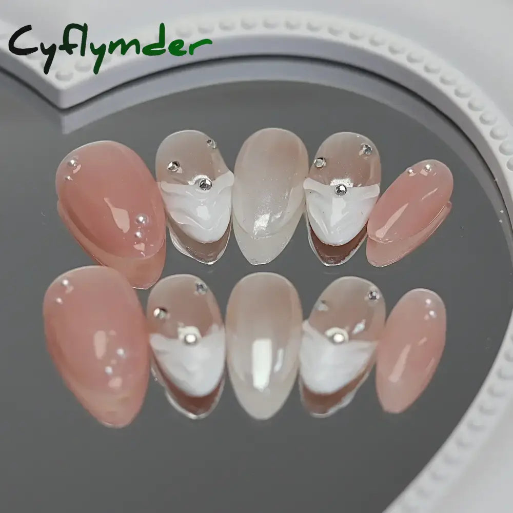 Cyflymder 10pcs Aurora Almond Press On Nails Short French Fake Nails Butterfly 3D Design False Nail Full Cover Wearable