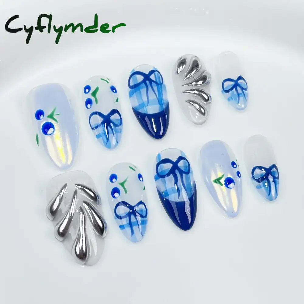 Cyflymder 10pcs Aurora Almond Press On Nails Short French Fake Nails Butterfly 3D Design False Nail Full Cover Wearable