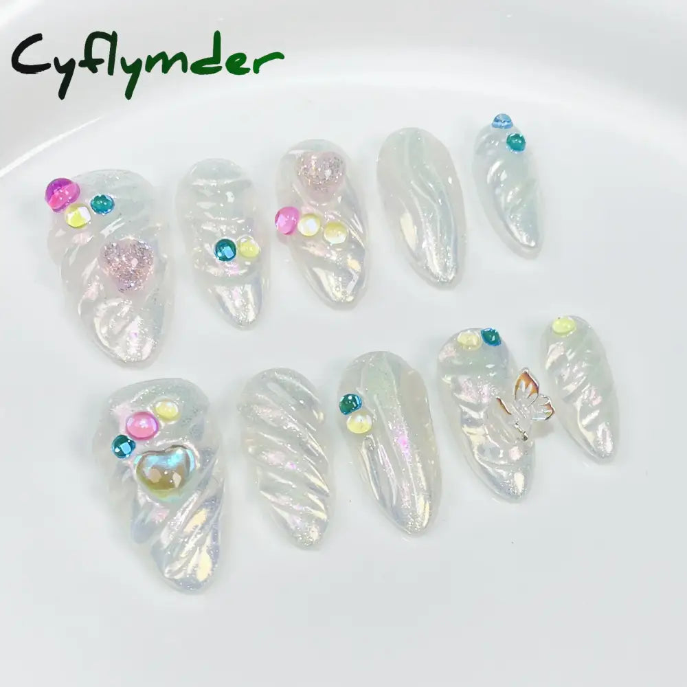 Cyflymder 10pcs Aurora Almond Press On Nails Short French Fake Nails Butterfly 3D Design False Nail Full Cover Wearable