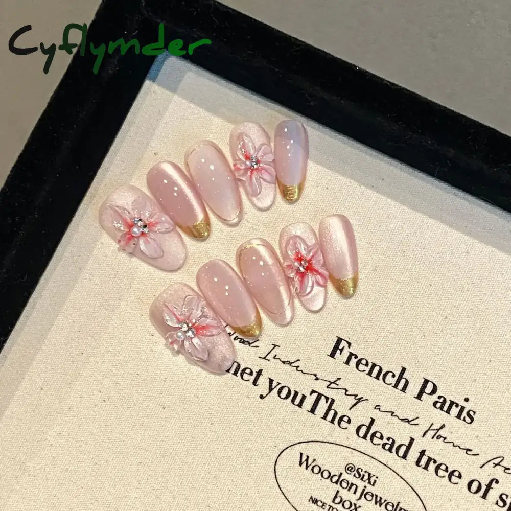 Cyflymder 10pcs Aurora Almond Press On Nails Short French Fake Nails Butterfly 3D Design False Nail Full Cover Wearable