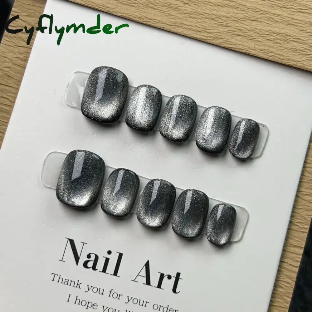 Cyflymder 10Pcs Aurora Cat Eye Handmade Press On Nails Short Square Head False Nails Wearable Simple Pure Manicure Full