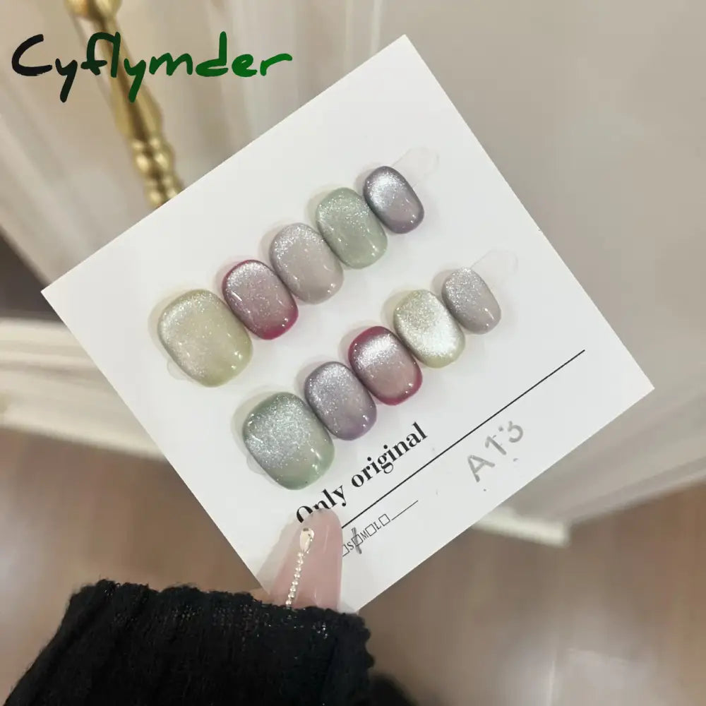 Cyflymder 10Pcs Aurora Cat Eye Handmade Press On Nails Short Square Head False Nails Wearable Simple Pure Manicure Full