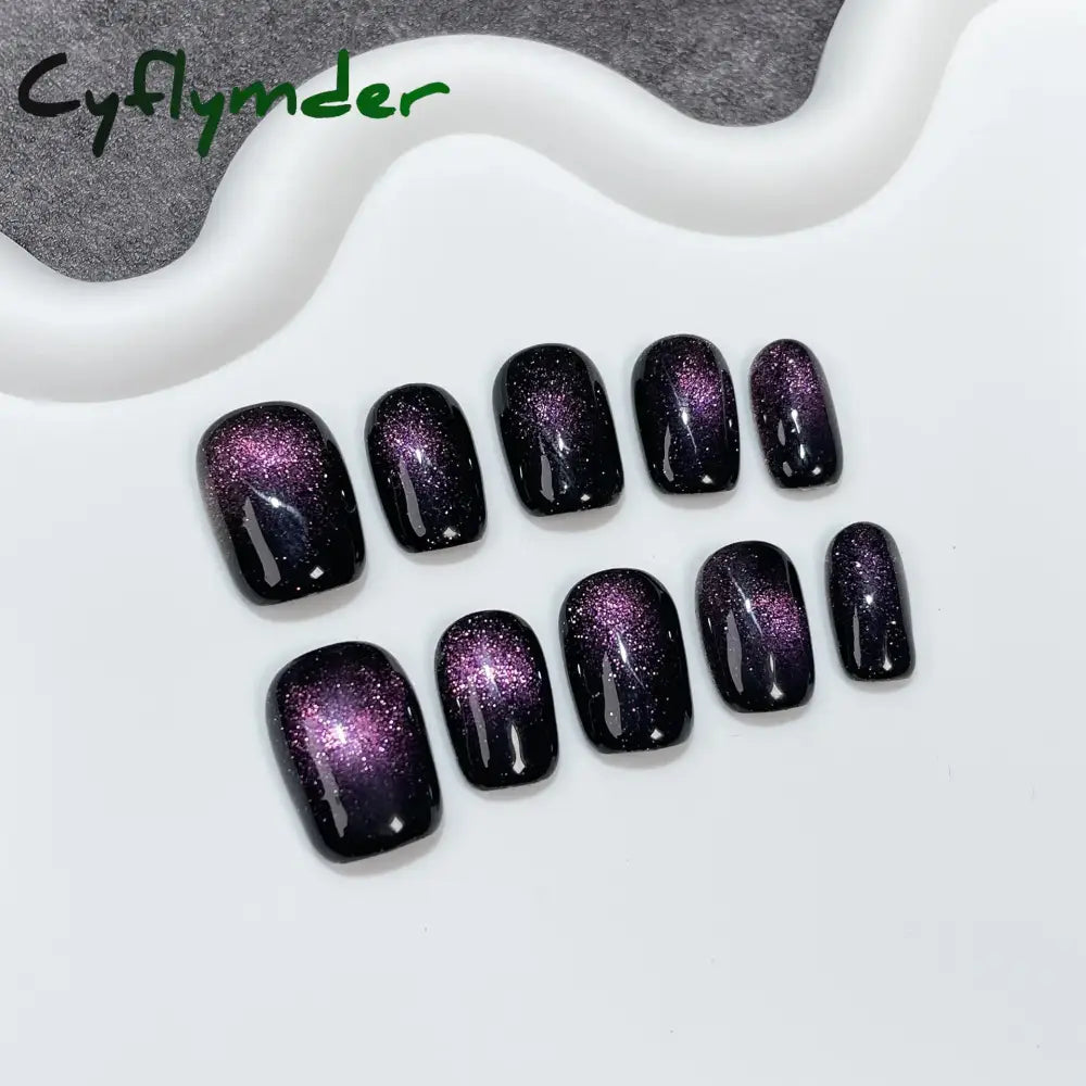 Cyflymder 10Pcs Aurora Cat Eye Handmade Press On Nails Short Square Head False Nails Wearable Simple Pure Manicure Full