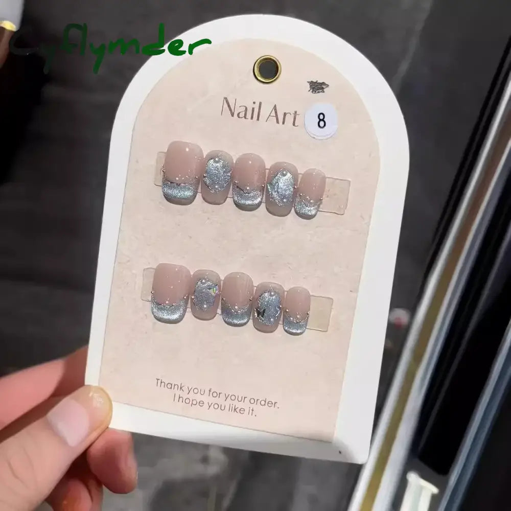 Cyflymder 10Pcs Aurora Cat Eye Handmade Press On Nails Short Square Head False Nails Wearable Simple Pure Manicure Full