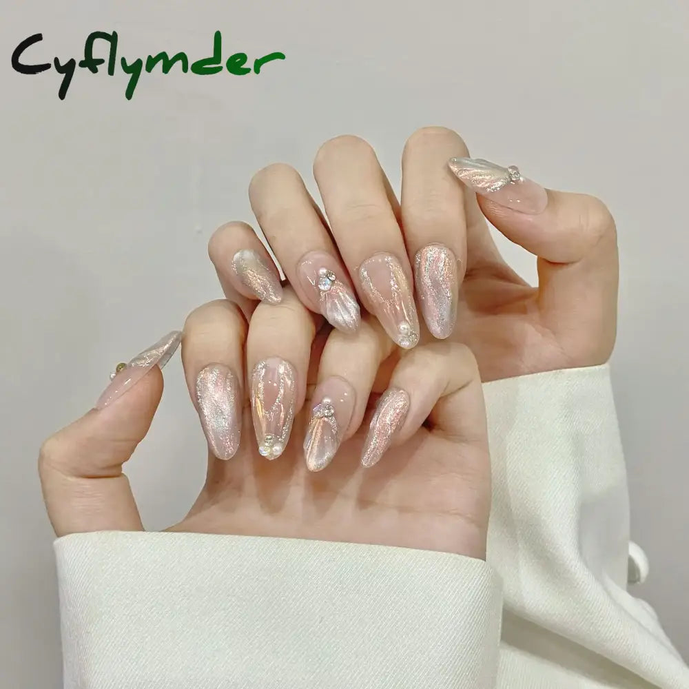 Cyflymder 10Pcs Aurora Handmade False Nails With Jelly Glue Long Almond Fake Nail Art Shell Design