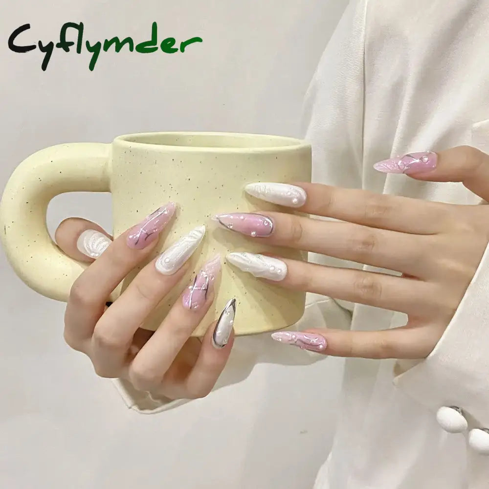 Cyflymder 10Pcs Aurora Handmade False Nails With Jelly Glue Long Almond Fake Nail Art Shell Design