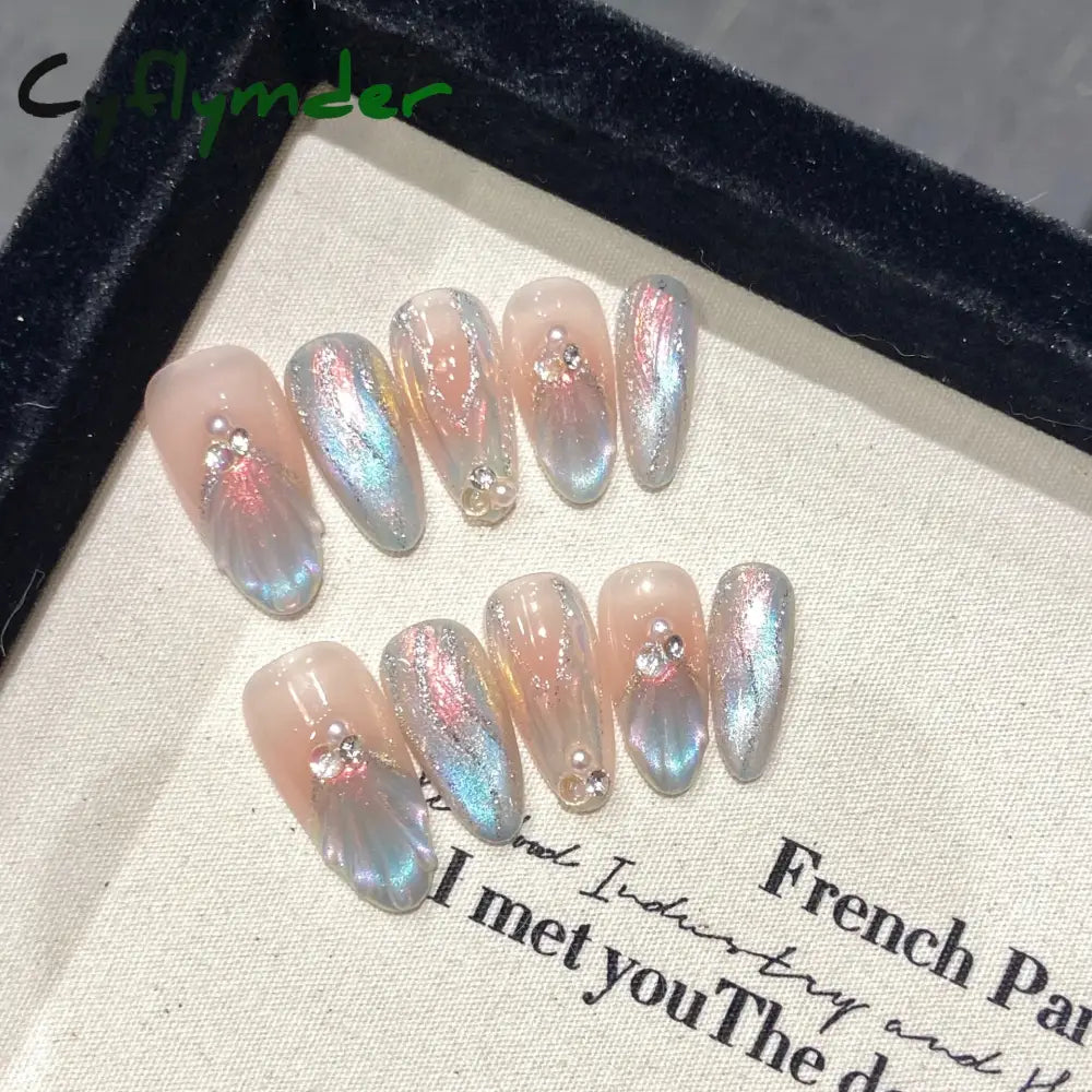 Aurora Handmade False Nails with Jelly Glue Long Almond Fake Nail Art Shell Design Press on Nails Full Cover Manicure Tips