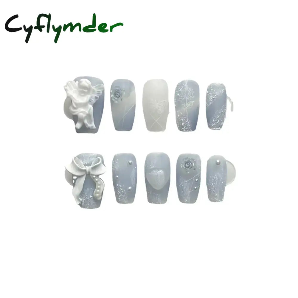 Cyflymder 10Pcs Blue Handmade Press On Nails Set Ballet Wearable Artificial False Decoration Nail