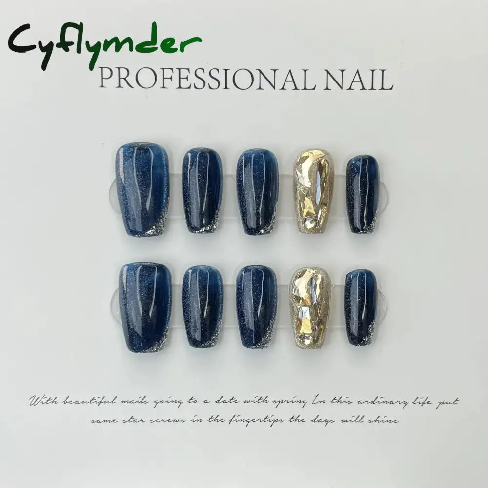 Cyflymder 10Pcs Light Luxury Handmade Press On Nails French coffin Cat Eye Fake Nails with Diamond Full Cover Wearable