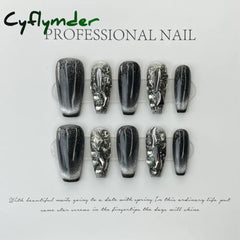 Cyflymder 10Pcs Light Luxury Handmade Press On Nails French coffin Cat Eye Fake Nails with Diamond Full Cover Wearable