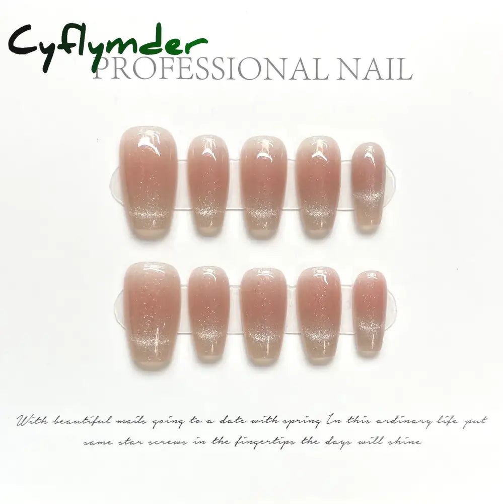 Cyflymder 10Pcs Light Luxury Handmade Press On Nails French coffin Cat Eye Fake Nails with Diamond Full Cover Wearable