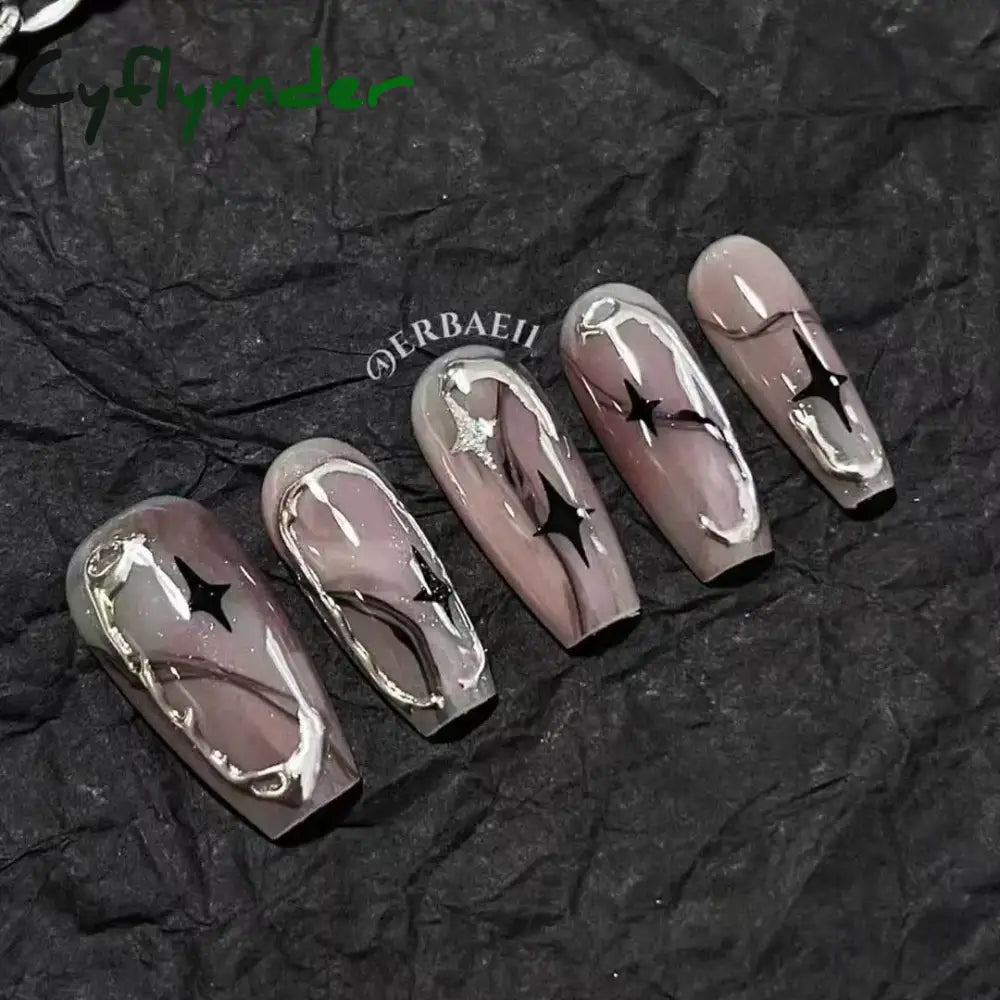 Cyflymder 10Pcs Light Luxury Handmade Press On Nails French coffin Cat Eye Fake Nails with Diamond Full Cover Wearable