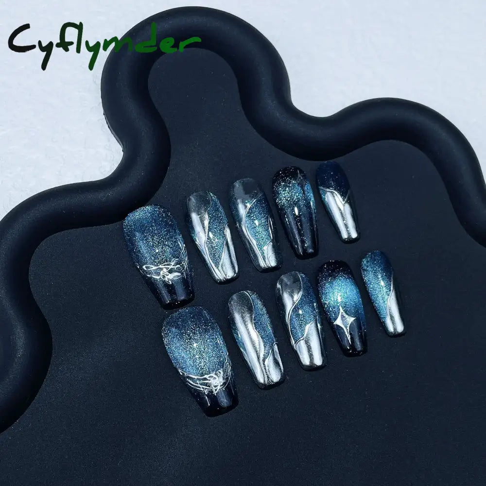 Cyflymder 10Pcs Light Luxury Handmade Press On Nails French coffin Cat Eye Fake Nails with Diamond Full Cover Wearable