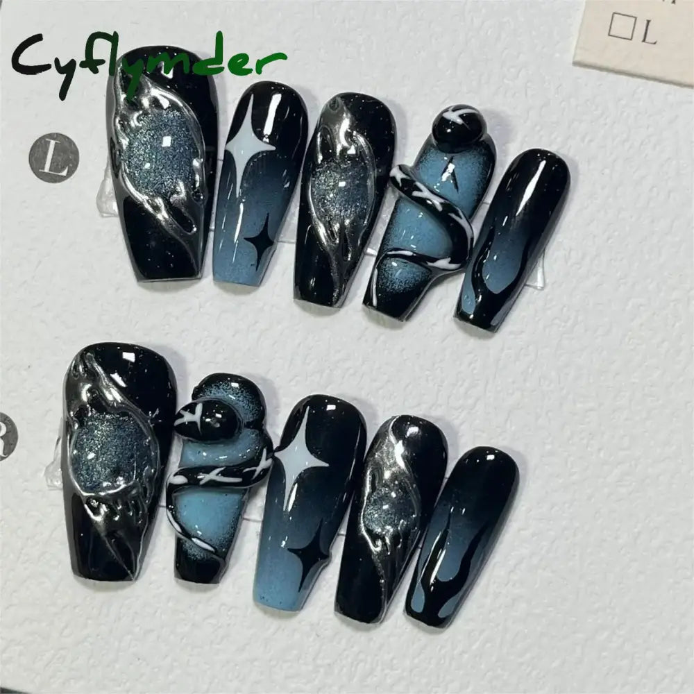 Cyflymder 10Pcs Light Luxury Handmade Press On Nails French coffin Cat Eye Fake Nails with Diamond Full Cover Wearable