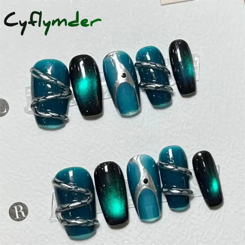 Cyflymder 10Pcs Light Luxury Handmade Press On Nails French coffin Cat Eye Fake Nails with Diamond Full Cover Wearable