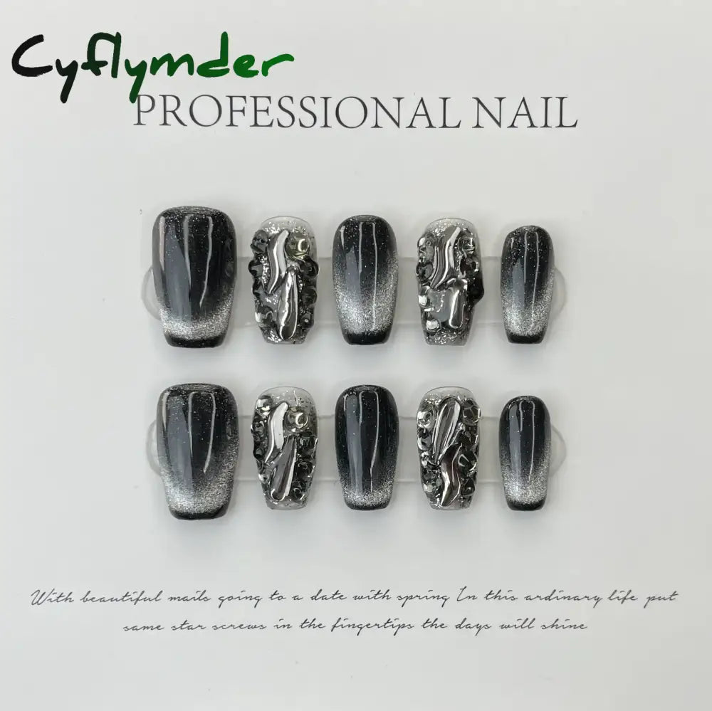 Cyflymder 10Pcs Light Luxury Handmade Press On Nails French coffin Cat Eye Fake Nails with Diamond Full Cover Wearable