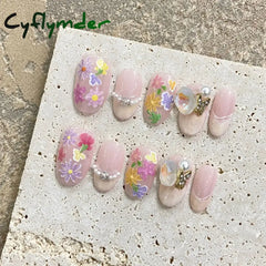 Cyflymder 10Pcs Short Handmade Pink Press On Nails Spring French Rhinestone Full Cover Fake Nail