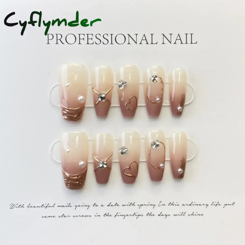 Cyflymder 10Pcs Tulips Handmade False Press On Nails French With Rhinestones Full Cover Ballerina