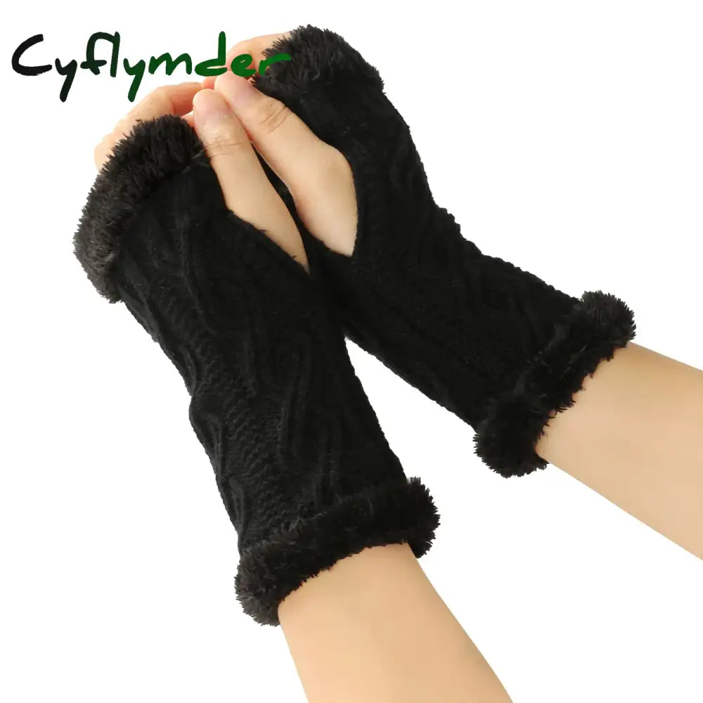 Cyflymder 1pair Inner Fleece Soft Half Finger Gloves for Women Winter Warm Plush Knitted Fingerless Gloves Wrist