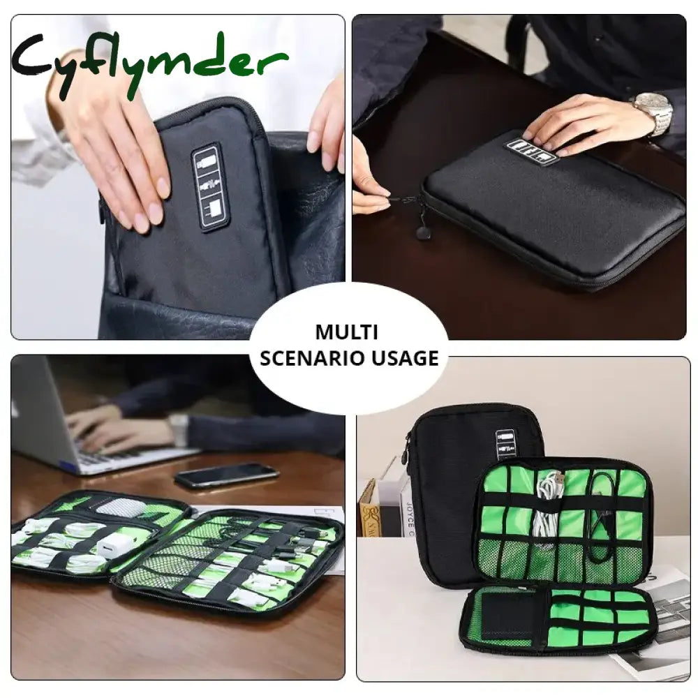 Cyflymder 1Pc Black Green Storage Bag Electronic Accessory Organizer Portable Usb Data Cable