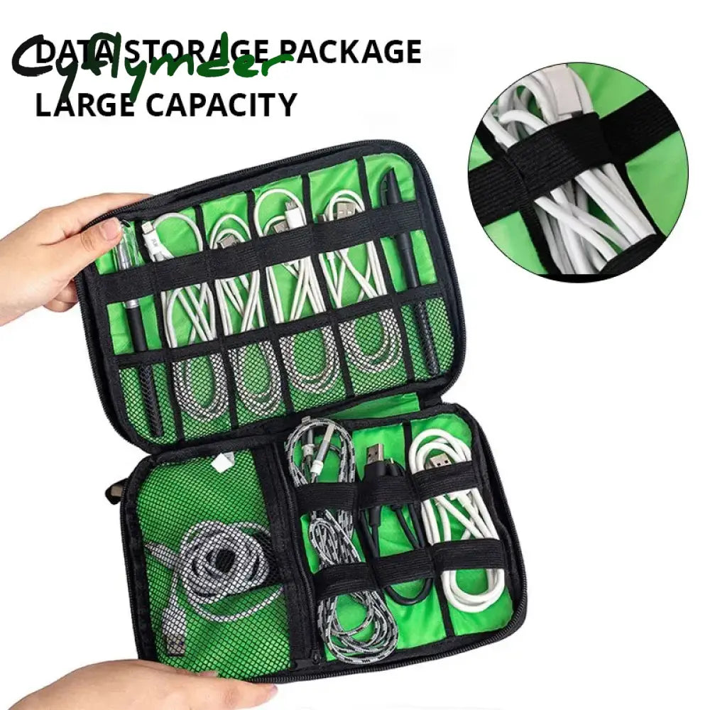 Cyflymder 1Pc Black Green Storage Bag Electronic Accessory Organizer Portable Usb Data Cable