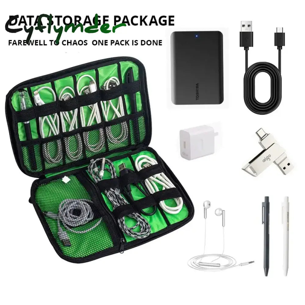 Cyflymder 1Pc Black Green Storage Bag Electronic Accessory Organizer Portable Usb Data Cable