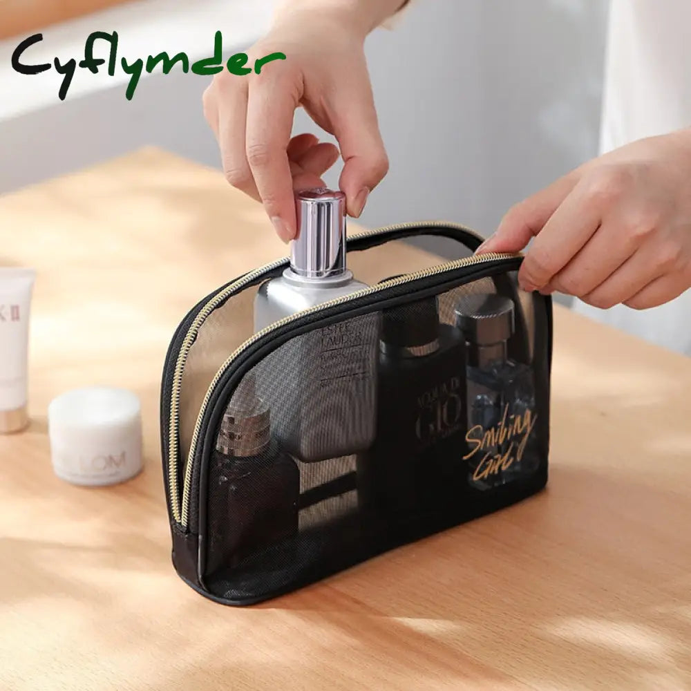 Cyflymder 1Pc Black Mesh Women’s Cosmetic Bag Transparent Travel Comsetics Brushes Organizer