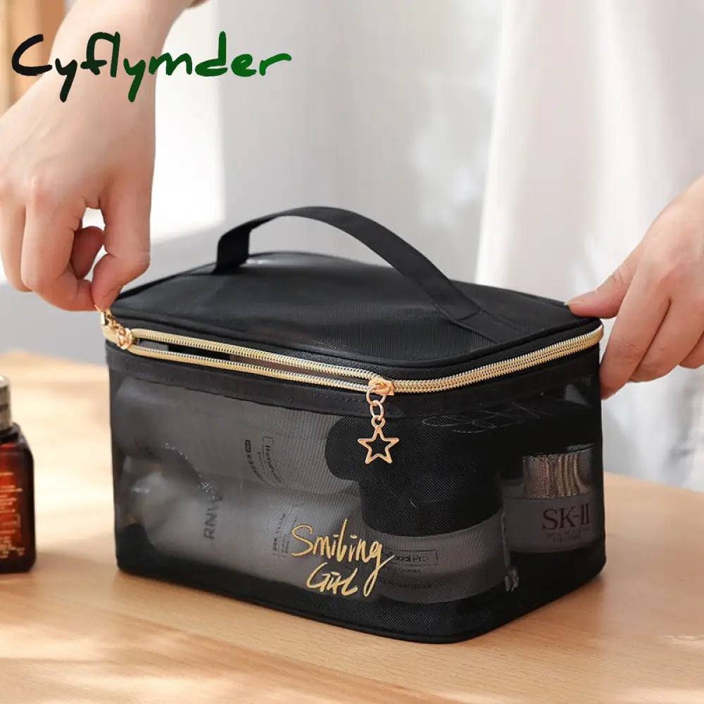 Cyflymder 1Pc Black Mesh Women’s Cosmetic Bag Transparent Travel Comsetics Brushes Organizer