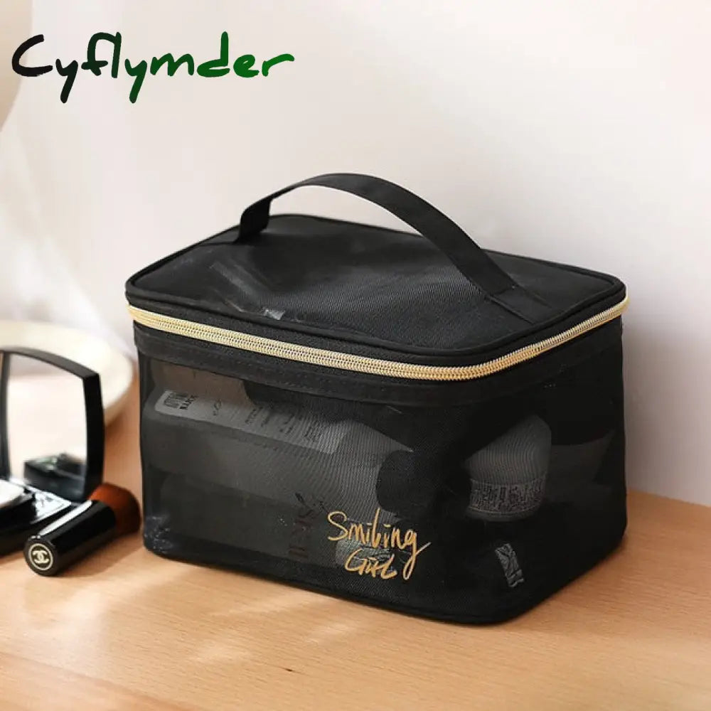 Cyflymder 1Pc Black Mesh Women’s Cosmetic Bag Transparent Travel Comsetics Brushes Organizer