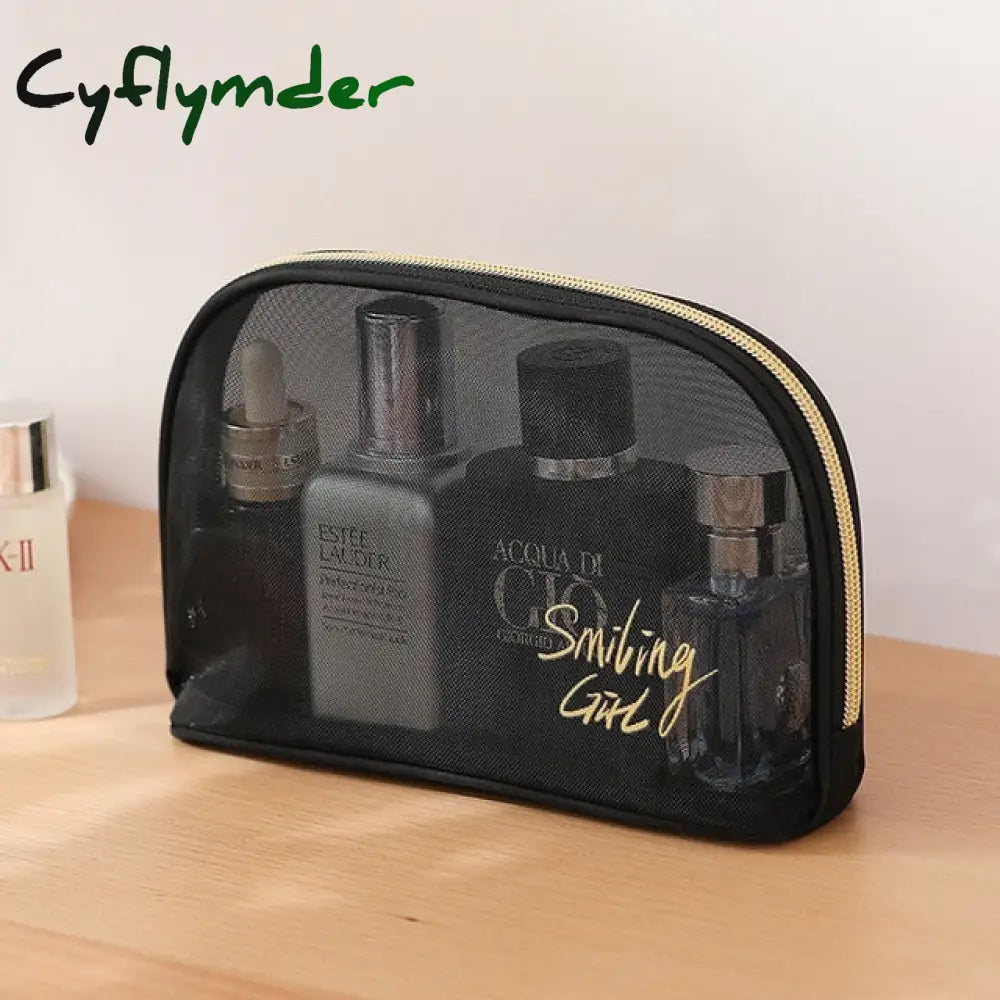 Cyflymder 1Pc Black Mesh Women’s Cosmetic Bag Transparent Travel Comsetics Brushes Organizer