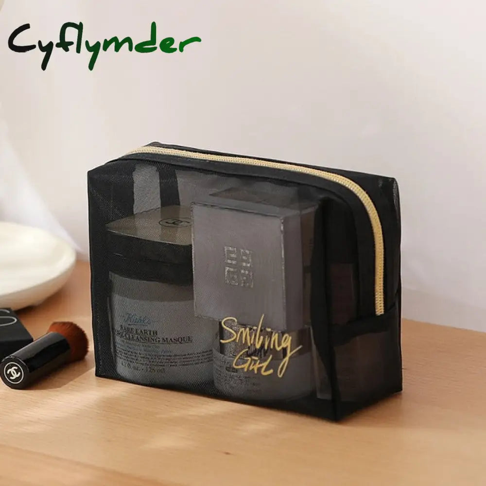 Cyflymder 1Pc Black Mesh Women’s Cosmetic Bag Transparent Travel Comsetics Brushes Organizer