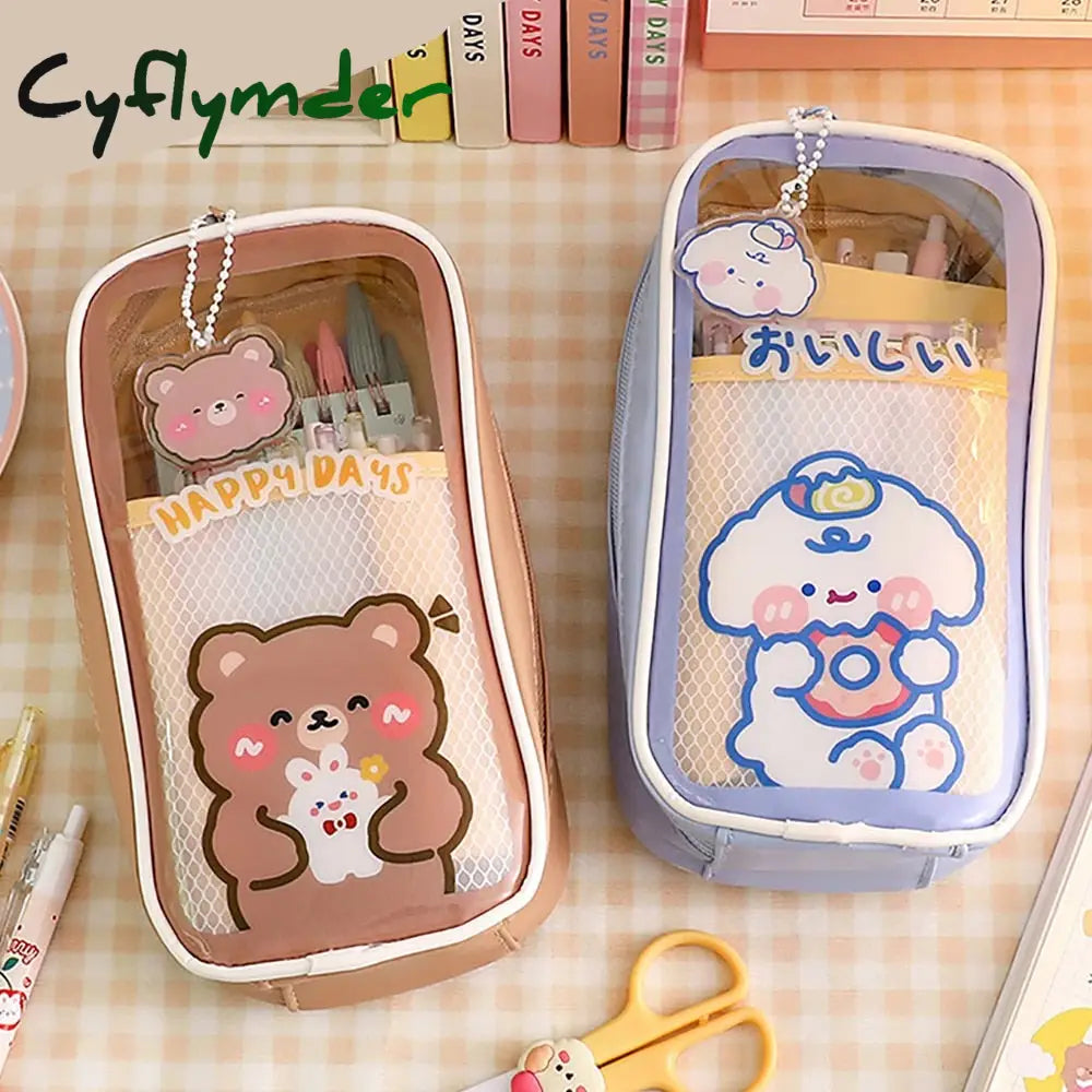 Cyflymder 1Pc Large Capacity Pencil Case Kawaii Transparent Cosmetic Bag Waterproof Pen Cute