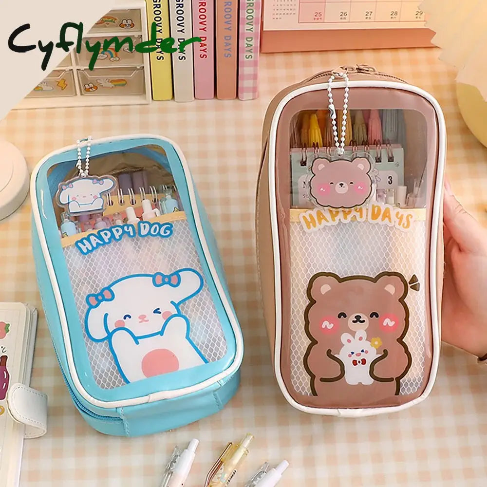 Cyflymder 1Pc Large Capacity Pencil Case Kawaii Transparent Cosmetic Bag Waterproof Pen Cute