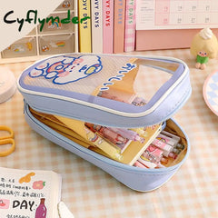 Cyflymder 1Pc Large Capacity Pencil Case Kawaii Transparent Cosmetic Bag Waterproof Pen Cute