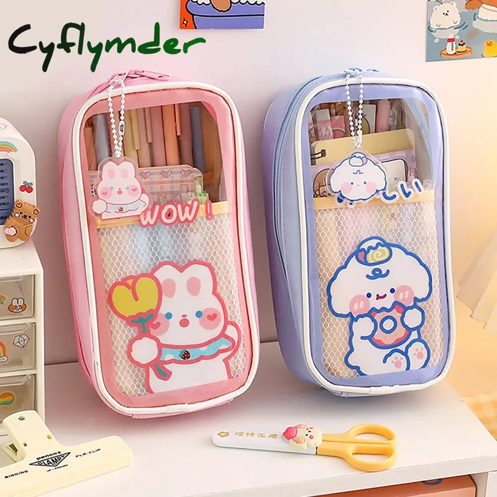 Cyflymder 1Pc Large Capacity Pencil Case Kawaii Transparent Cosmetic Bag Waterproof Pen Cute