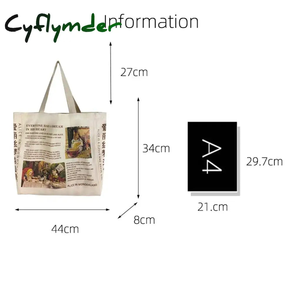 Cyflymder 1Pc Women Canvas Shoulder Bag Alice In Wonderland Shopping Bags Students Book Cotton