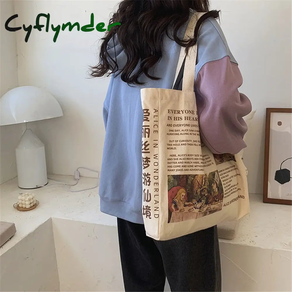 Cyflymder 1Pc Women Canvas Shoulder Bag Alice In Wonderland Shopping Bags Students Book Cotton