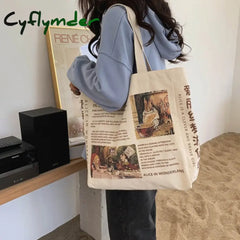 Cyflymder 1Pc Women Canvas Shoulder Bag Alice In Wonderland Shopping Bags Students Book Cotton