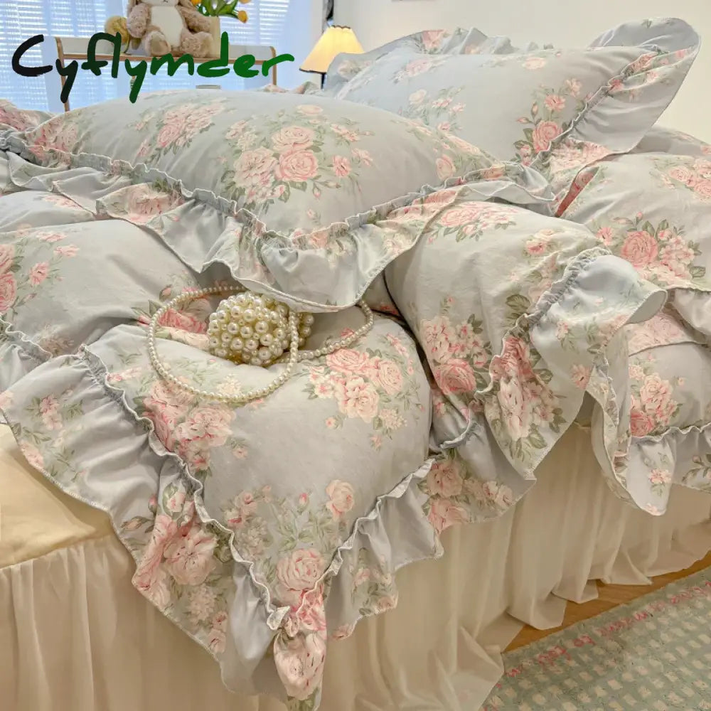 Cyflymder 2/3Pc Korean Princess Style Floral Ruffles Bedding Set Single Queen Size Soft Skin-friendly Washed Cotton